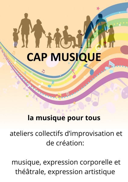 affiche pour les ateliers Cap Musique pour tous avec personnages de tous les âges, avec et sans handicaps et notes de musique