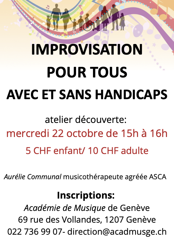 affiche pour le cours d'improvisation pour tous avec et sans handicap du 22 octobre à 15h à Genève représenant plusieurs personnes de différents âges, handicaps avec des couleurs chaleureuses